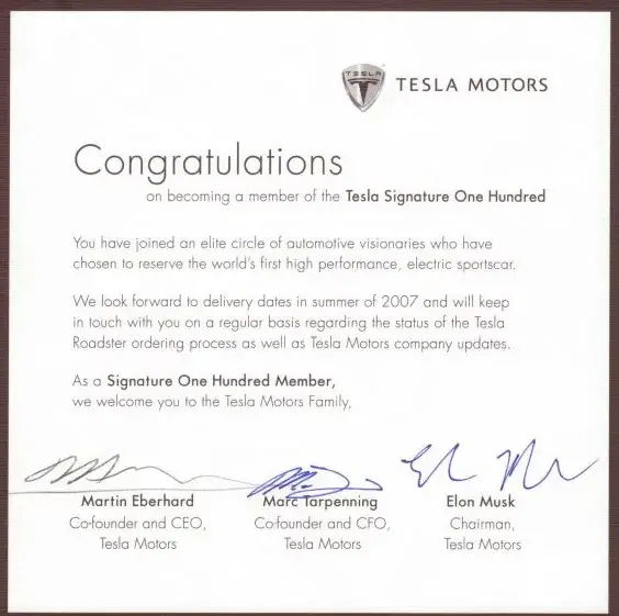 Certificado de cien firmas de Tesla