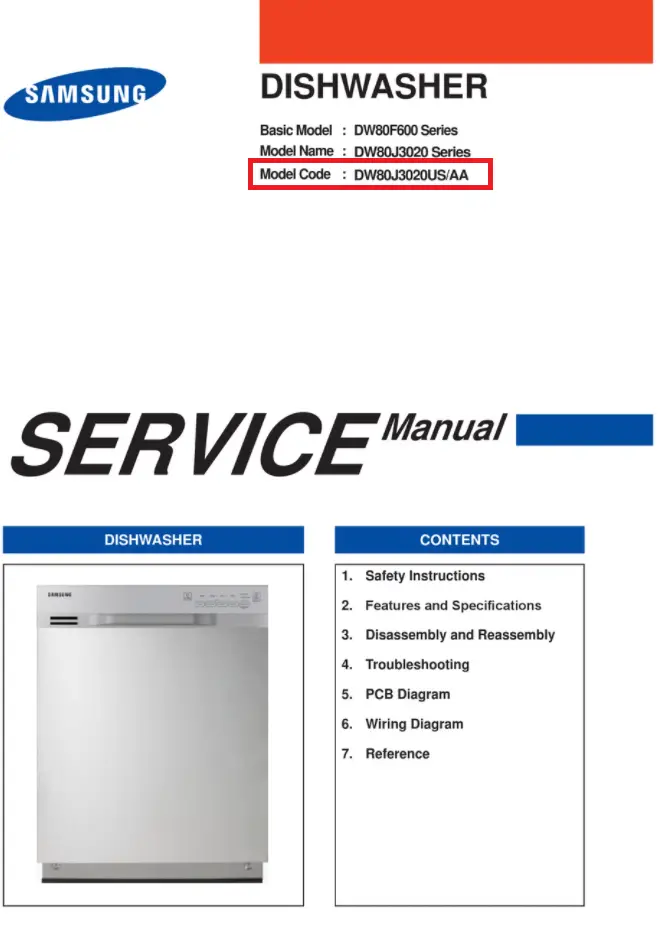 Número de modelo de lavavajillas Samsung en el manual de servicio