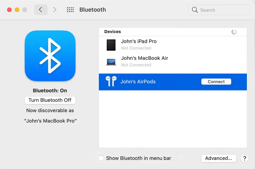 Elige los AirPods en Dispositivos en el Mac
